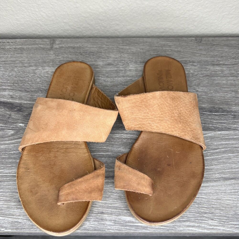 Miz Mooz Leather Slide Sandals Flats Tan EU 36 (US 5-6) Strap Toe Loop High Arch - Picture 2 of 9